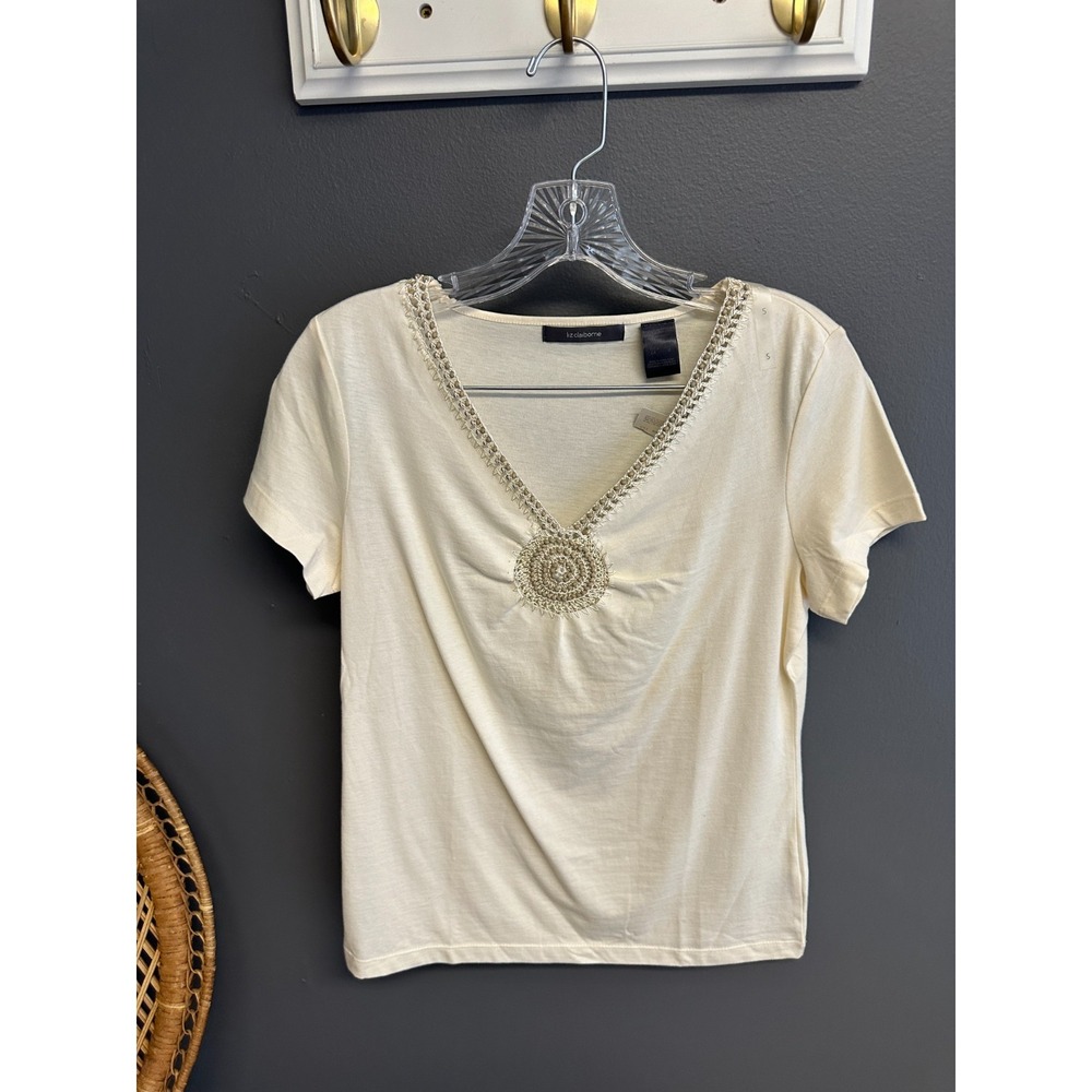 Vintage 90s Liz Claiborne Womens Size S Top Cream Beaded Tee Wood Bead Boho Y2K